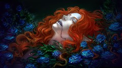 Flowers woman roses closed eyes blue flowers redheads curly 
