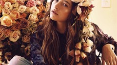 Flowers woman sitting long hair brunettes models Teresa Oman