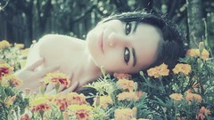 Flowers woman smiling brown eyes brunettes models Sandy Manase