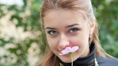 Flowers woman smiling gray eyes brunettes models Met-Art 