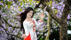 Flowers woman spring outdoors asians smiling