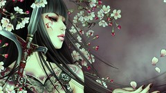 Flowers woman Swords artwork fantasy art