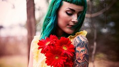 Flowers woman tattoos long hair green hair