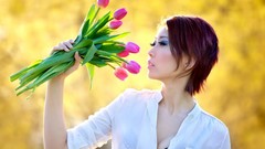 Flowers woman tulips asians short hair redheads