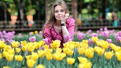 Flowers woman tulips outdoors brunettes