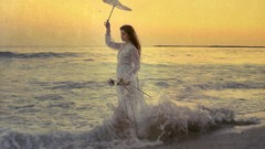 Flowers woman Umbrellas Beaches white dress