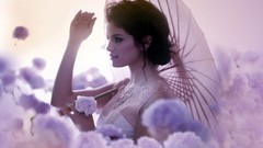 Flowers woman Umbrellas Celebrity Selena Gomez brunettes