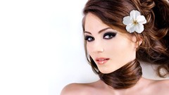 Flowers woman white background faces green eyes brunettes 