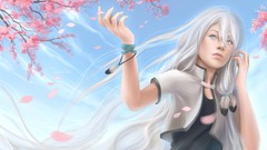 Flowers woman white hair blue eyes skies