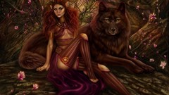 Flowers woman Wolves elves artwork fantasy art