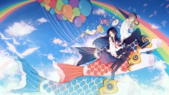 Fly Books fish multicolor anime girls seifuku thigh highs