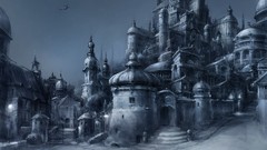 Flying Castles nighttime witches brooms fantasy art