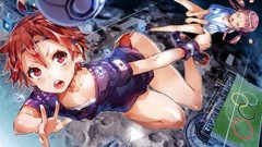 Flying red eyes pink hair anime girls closed eyes short hair 