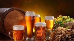 Foam wheat alcohol barrels mugs beers