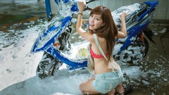 Foam woman asians brunettes girls with bikes