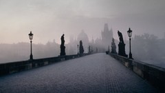 Fog autumn evening Czech Republic Prague statues Charles Bridge 