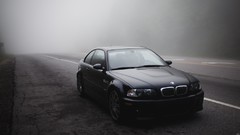 Fog cars BMW roads monochrome vehicles grayscale