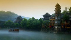 Fog China buildings bing forests asian architecture