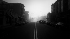 Fog morning cars roads houses streets cityscapes