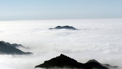 Fog Mountains clouds dawn white horizon peaks skyscapes