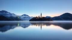 Fog Mountains Islands Europe lakes mist churches towns