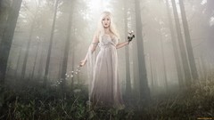 Fog nature Trees grass woman blondes forests artwork fantasy 