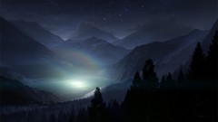 Fog nature Trees night Stars Mountains clouds light lakes mist 