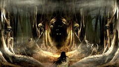 Fog rain dark woman horror skulls forests glowing eyes