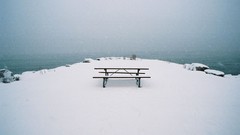 Fog snow winter water bench Northern Arctic mist sea shorelines