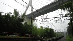 Fog Structure ruins Bridges wires railway railroad tracks