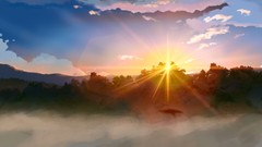 Fog Trees sun Mountains clouds Anime sun rays forests