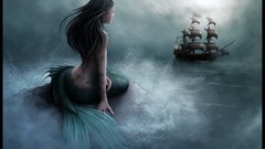 Fog water woman Boats mermaids black hair fantasy art