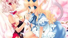 Food Anime Alice in Wonderland white hair red eyes blue eyes 