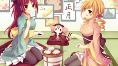 Food Anime blondes anime girls chopsticks mahou shoujo madoka 