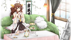 Food Anime brown long hair anime girls black eyes miko kantai 