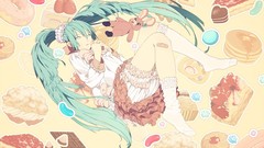 Food Anime dress socks blue hair anime girls blue eyes lying 