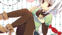 Food Anime dress white hair red eyes long hair pantyhose