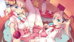 Food anime girls blue eyes twintails lollipops