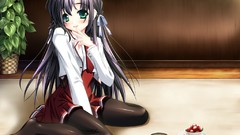 Food anime girls green eyes pantyhose seifuku black hair