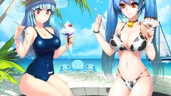 Food Anime ice cream Jewelry red eyes sitting Beaches blue hair 