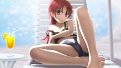 Food Anime Shorts drinks red eyes long hair barefoot anime 