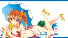 Food artist ice cream watermelons long hair anime girls blue 