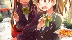 Food bench Umbrellas schoolgirls anime girls school uniforms