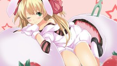 Food blondes anime girls green eyes wink bunny ears
