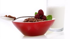 Food Breakfast milk Objects raspberries spoons cereal