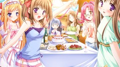 Food brown blondes blue hair pink hair long hair anime girls 