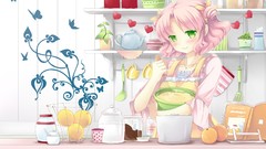 Food cafe pink hair anime girls kasumi short hair Natsume aprons