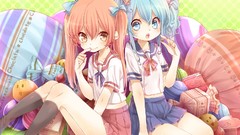 Food Candies socks sitting skirts eating blue hair pink hair 