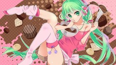 Food chocolate headphones Shorts cakes anime girls green eyes 