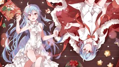 Food Christmas dress Shorts red eyes Ribbons blue hair long 